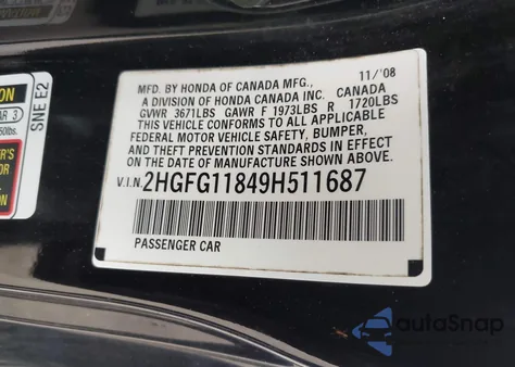 2009 Honda Civic Ex z USA, uszkodzony, nr VIN 2HGFG11849H511687